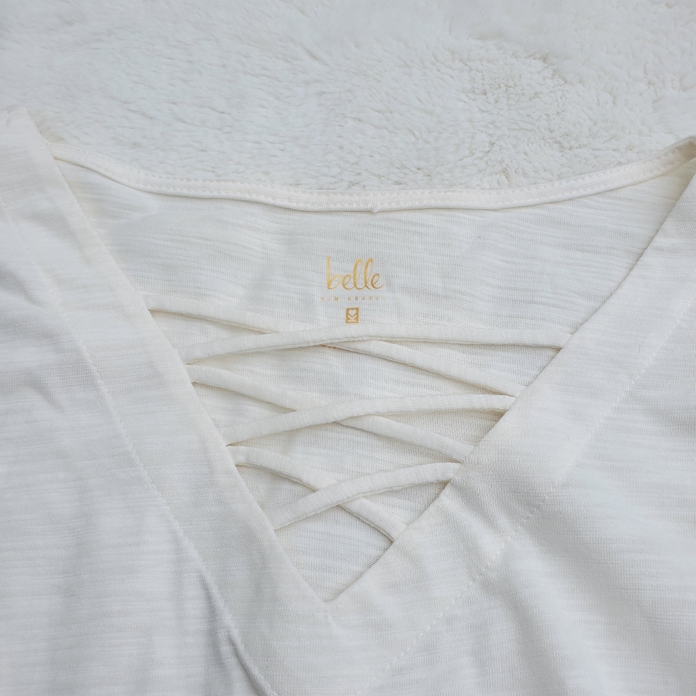 BELLE Cream V-Neck Cute Blouse Size L - Picture 2 of 5